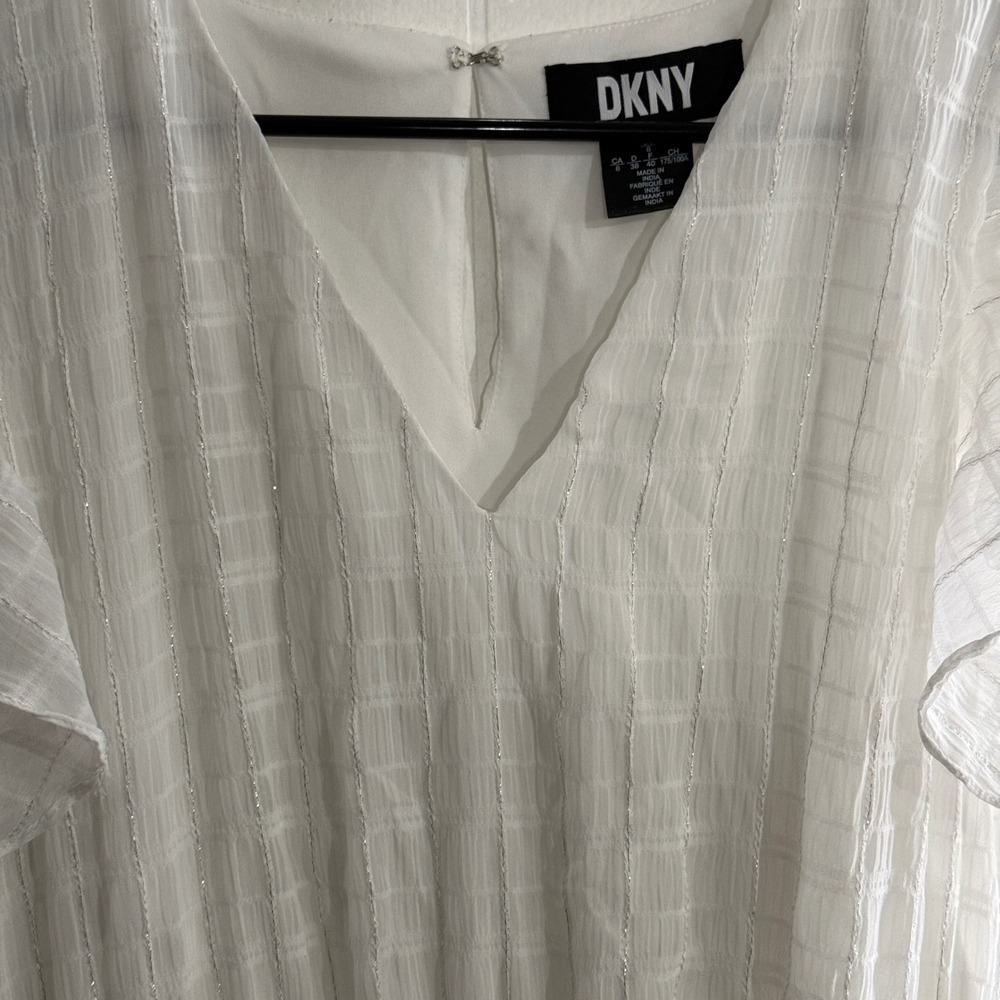DKNY Flutter Sleeve Tiered Dress Womens 8 White Lurex Shimmer  V-Neck Flowy - Picture 4 of 9